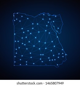 Abstract wireframe mesh polygonal map of Egypt with lights in the form of cities on dark background. Vector illustration EPS10.
