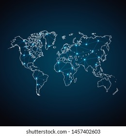 Abstract wireframe mesh polygonal World map. Vector low poly global map with lights in the form of cities. Vector illustration.