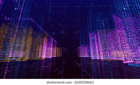 Arames abstratos de uma cidade moderna. Composição tridimensional de interseção de grades multicoloridas na forma de arranha-céus. Conceito de tecnologia da informação. Ciberespaço digital com partículas. 3D