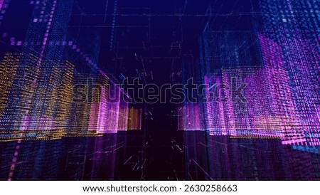 Abstract wireframe of a modern city. Three-dimensional composition of intersecting multi-colored grids in the form of skyscrapers. Information technology concept. Digital cyberspace with particles. 3D