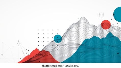 Abstract Wireframe Mountain Background. Modern Science Or Technology Art Elements. Surface Illustration. Vector.