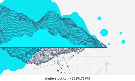 Abstrakter Drahtmodell-Berghintergrund. Moderne wissenschaftliche oder technologische Kunstelemente. Oberflächendarstellung. Handgezeichneter Vektor.