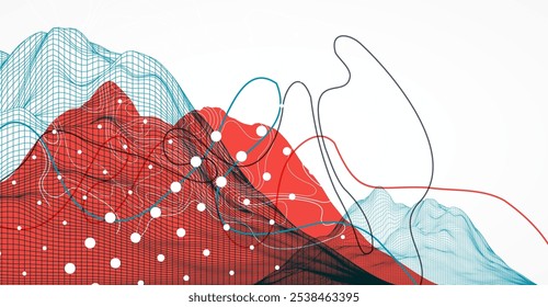 Fundo de montanha wireframe abstrato. Elementos de arte moderna de ciência ou tecnologia. Ilustração de superfície. Vetor desenhado à mão.