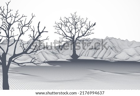 Abstract wireframe mountains with a tree and a bird on it in the foreground.