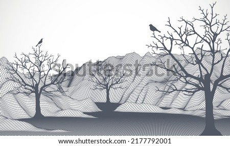 Abstract wireframe mountains with a tree and a bird on it in the foreground.