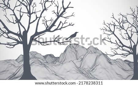 Abstract wireframe mountains with a tree and a bird on it in the foreground.