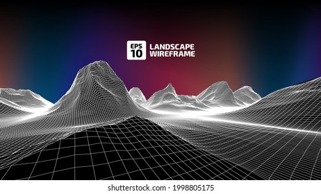 Mazo de cables abstracto sobre el fondo de aurora boreal. paisaje de ilustración de tecnología de cuadrícula 3D. Ciberespacio Digital Terrain en las montañas con valles. Matriz de datos. Ilustración vectorial.