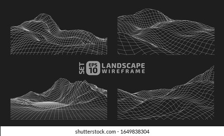 Marco de alambres abstracto sobre fondo oscuro, conjunto creativo de 4 elementos. Entorno de ilustración de tecnología de cuadrícula 3D. Digital Terrain Cyberspace in the Mountains con kit de valles. Matriz de datos. | Vector EPS10.