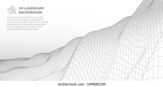 Abstrakter Wireframe auf weißem Hintergrund. Virtuelle Landschaft mit 3D-Wellen. Platz für Text. Vektorgrafik.