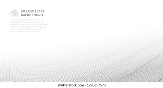 Abstract wireframe on white backdrop. Virtual landscape with 3D waves. Space for text. Vector illustration.