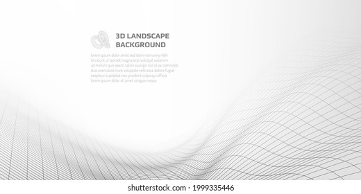 Abstract wireframe on white backdrop. Virtual landscape with 3D waves. Space for text. Vector illustration.