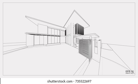 Abstract wireframe perspective of 3D building. 3D rendering of house.