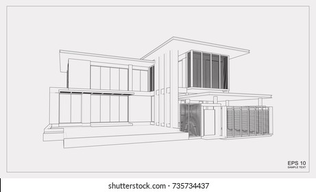 Abstract Wireframe Perspective Of 3D Building. 3D Rendering Of House.