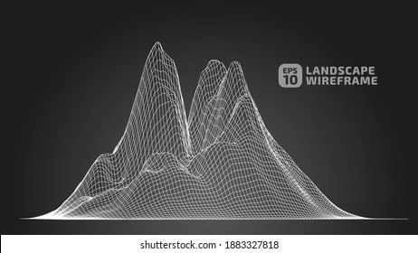 Abstract wireframe polygonal background. 3D grid technology illustration landscape. Digital Terrain Cyberspace in the Mountains with valleys. Black and White Colors. Data Array. Vector Illustration.