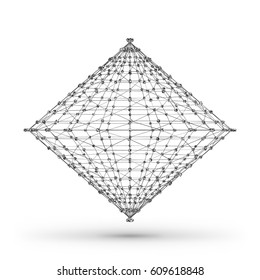 Abstract wireframe polygonal geometric element with connected lines and dots. Vector Illustration on white background with shade