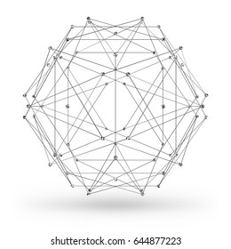 Abstract wireframe polygonal geometric element with connected lines and dots. Vector Illustration on white background with shade