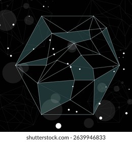 Abstract wireframe polyhedron, white mesh on black, geometric 3D shape, modern digital art, vector illustration