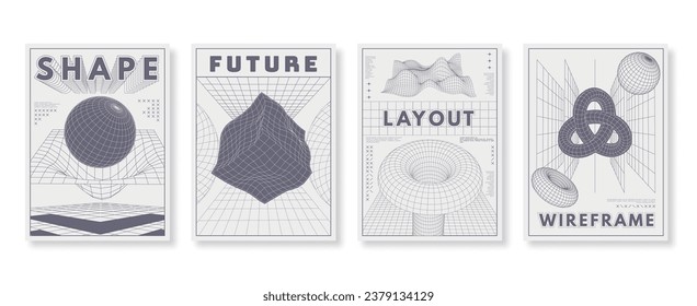 Abstract wireframe posters. Futuristic layout with 3D geometric shapes, wireframe low poly grid backgrounds vector set with editable stroke paths. Illustration of geometric wireframe futuristic