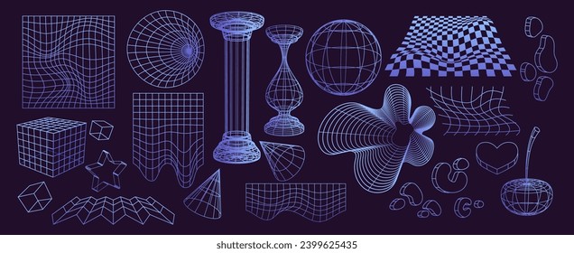 Abstrakte, drahtgebundene Formen einzeln auf Hintergrund. Vektorgrafik der geometrischen 3D-Gittersymbole, y2k-Maschenkwürfel, Globus, Herz, Kirsche, Säule, Stern, Kegel, Landschaftsstruktur, Elemente des Cyberspace