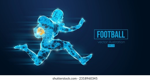 Abstract wireframe silhouette of a american football player from triangles and particles on blue background. man in action isolated. Vector illustration