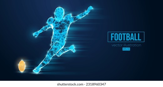 Abstract wireframe silhouette of a american football player from triangles and particles on blue background. man in action isolated. Vector illustration