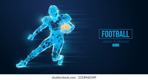 Abstract wireframe silhouette of a american football player from triangles and particles on blue background. man in action isolated. Vector illustration