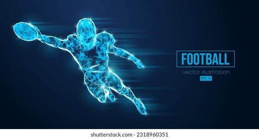 Abstract wireframe silhouette of a american football player from triangles and particles on blue background. man in action isolated. Vector illustration