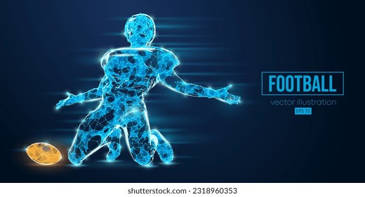 Abstract wireframe silhouette of a american football player from triangles and particles on blue background. man in action isolated. Vector illustration