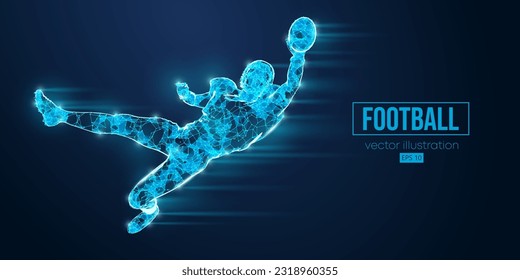 Abstract wireframe silhouette of a american football player from triangles and particles on blue background. man in action isolated. Vector illustration