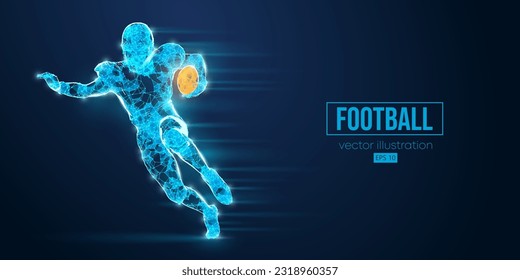 Abstract wireframe silhouette of a american football player from triangles and particles on blue background. man in action isolated. Vector illustration