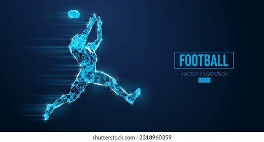 Abstract wireframe silhouette of a american football player from triangles and particles on blue background. man in action isolated. Vector illustration