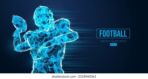 Abstract wireframe silhouette of a american football player from triangles and particles on blue background. man in action isolated. Vector illustration