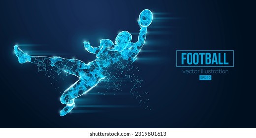 Abstract wireframe silhouette of a american football player, rugby from triangles and particles on blue background. man in action isolated. Vector illustration