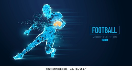 Abstract wireframe silhouette of a american football player, rugby from triangles and particles on blue background. man in action isolated. Vector illustration