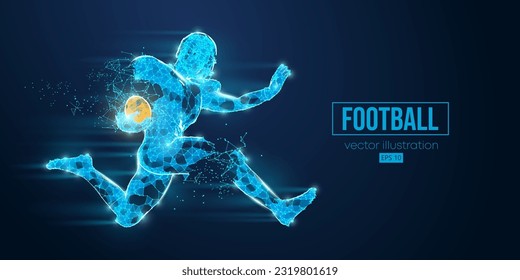 Abstract wireframe silhouette of a american football player, rugby from triangles and particles on blue background. man in action isolated. Vector illustration