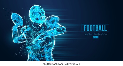 Abstract wireframe silhouette of a american football player, rugby from triangles and particles on blue background. man in action isolated. Vector illustration