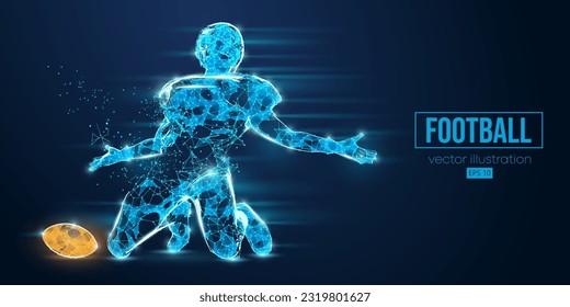 Abstract wireframe silhouette of a american football player, rugby from triangles and particles on blue background. man in action isolated. Vector illustration