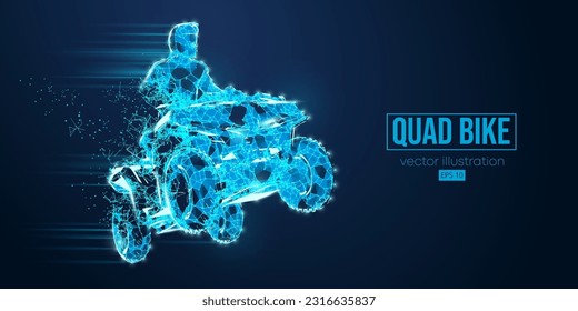 Abstract wireframe silhouette of a ATV Quad bike, All-Terrain vehicle from triangles and particles on blue background, isolated. Rider jumps on quad bike. Vector illustration