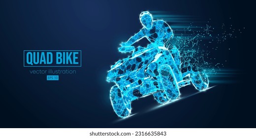 Abstract wireframe silhouette of a ATV Quad bike, All-Terrain vehicle from triangles and particles on blue background, isolated. Rider jumps on quad bike. Vector illustration