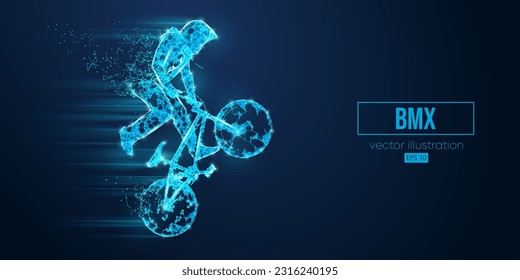 Abstract wireframe silhouette of a bmx rider from triangles and particles on blue background, man is doing a trick, isolated. Cycling sport transport. Vector illustration