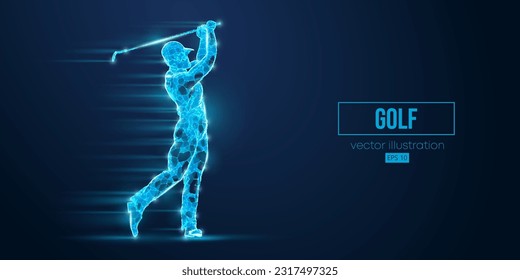 Abstract wireframe silhouette of a golf player from triangles and particles on blue background. Golfer man hits the ball. Vector illustration