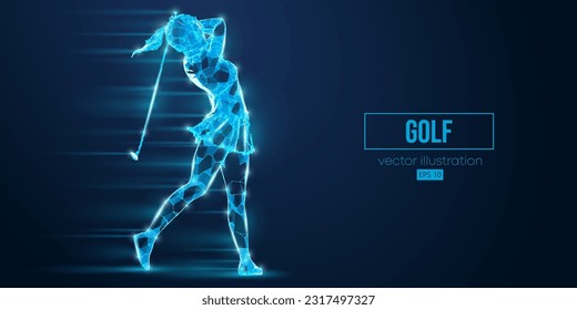 Abstract wireframe silhouette of a golf player from triangles and particles on blue background. Golfer woman hits the ball. Vector illustration