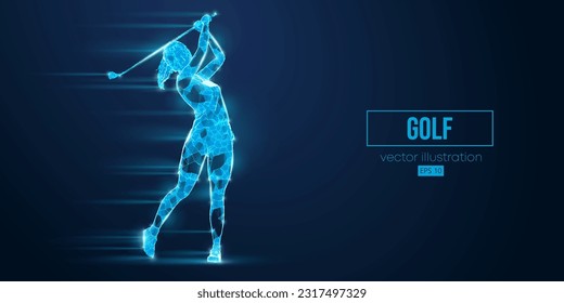 Abstract wireframe silhouette of a golf player from triangles and particles on blue background. Golfer woman hits the ball. Vector illustration