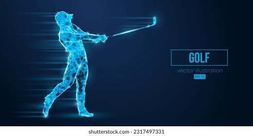 Resumen de la silueta de armazón de un jugador de golf de triángulos y partículas sobre fondo azul. El hombre de golf golpea la pelota. Ilustración del vector