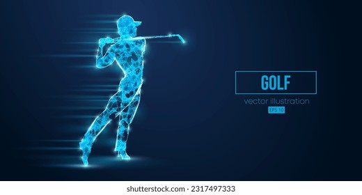 Abstract wireframe silhouette of a golf player from triangles and particles on blue background. Golfer man hits the ball. Vector illustration