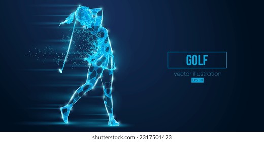 Abstract wireframe silhouette of a golf player from triangles and particles on blue background. Golfer woman hits the ball. Vector illustration