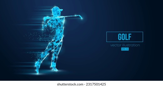 Abstract wireframe silhouette of a golf player from triangles and particles on blue background. Golfer man hits the ball. Vector illustration