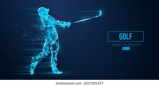 Abstract wireframe silhouette of a golf player from triangles and particles on blue background. Golfer man hits the ball. Vector illustration