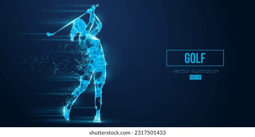 Abstract wireframe silhouette of a golf player from triangles and particles on blue background. Golfer woman hits the ball. Vector illustration