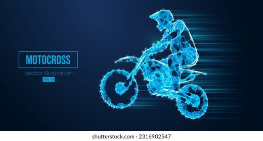 Abstract wireframe silhouette of a motocross rider from triangles and particles on blue background, man is doing a trick, isolated. Enduro motorbike sport transport. Vector illustration